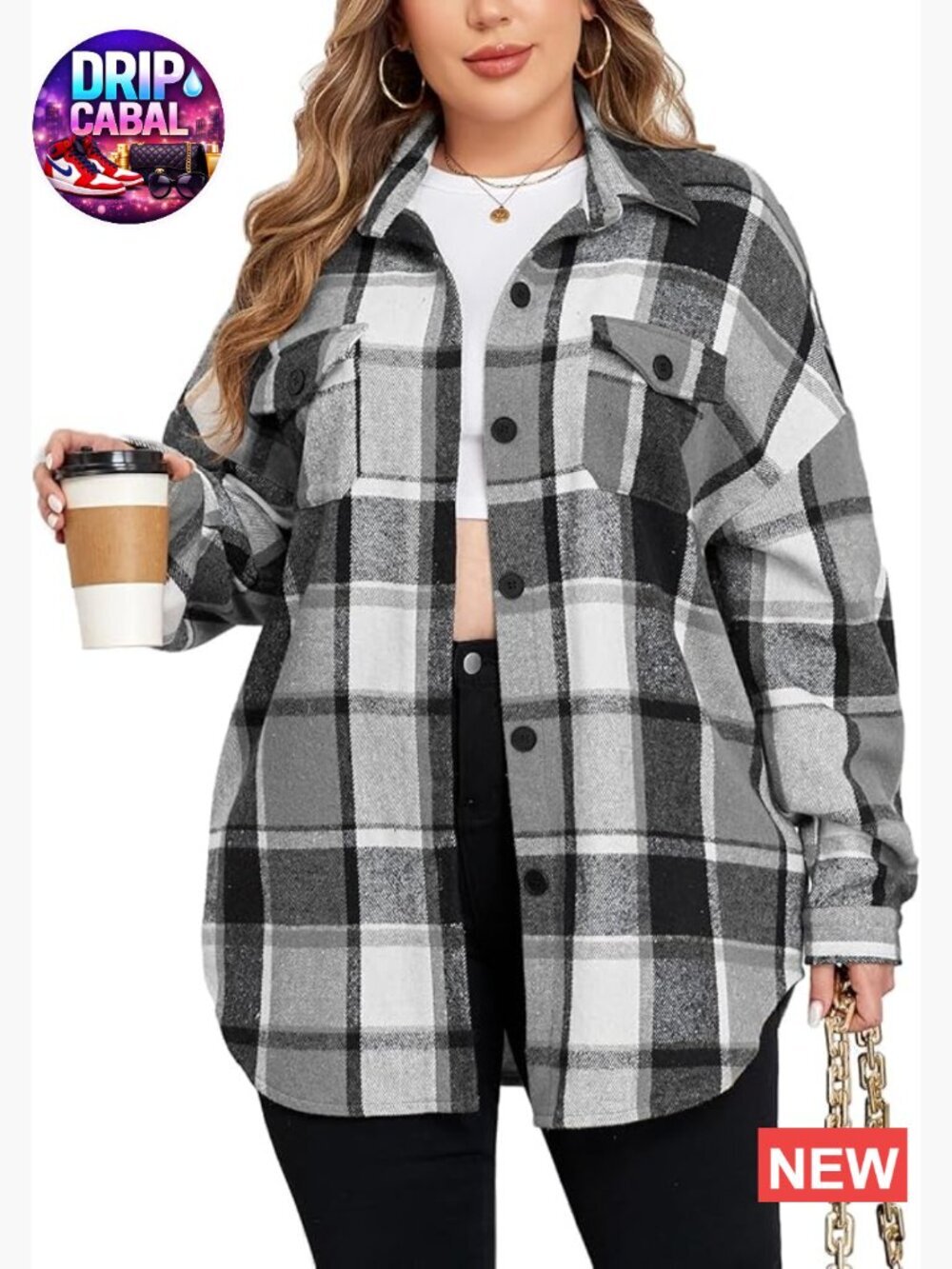 Plus Size Flannel Plaid Shacket Jacket Oversized Button Down Coat
